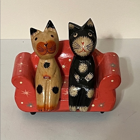 Other - Handcrafted Cat Figurines on Red Sofa. Albesia Wood, crafted in Bali